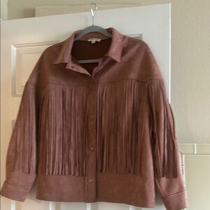 Pink Leather Fringed Jacket with Pointed Collar